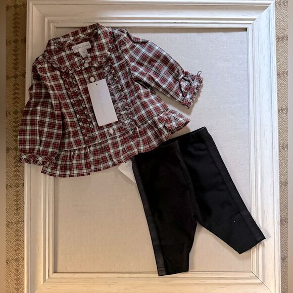 Ralph Lauren Red tartan peplum top w matching tuxedo stripe leggings 3month NWT - Picture 1 of 14